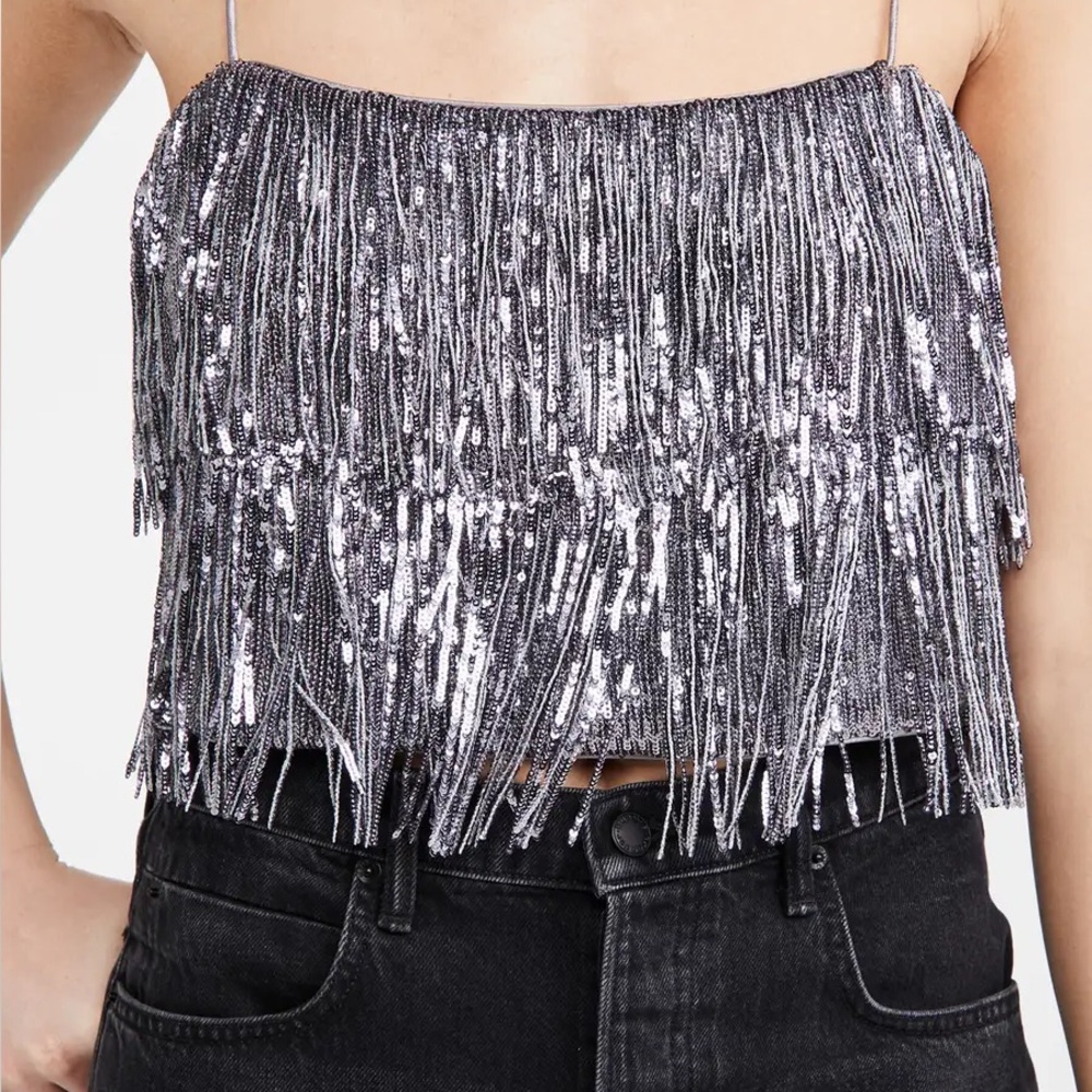 Saylor Silver Fringe Sequin Crop Top size XS